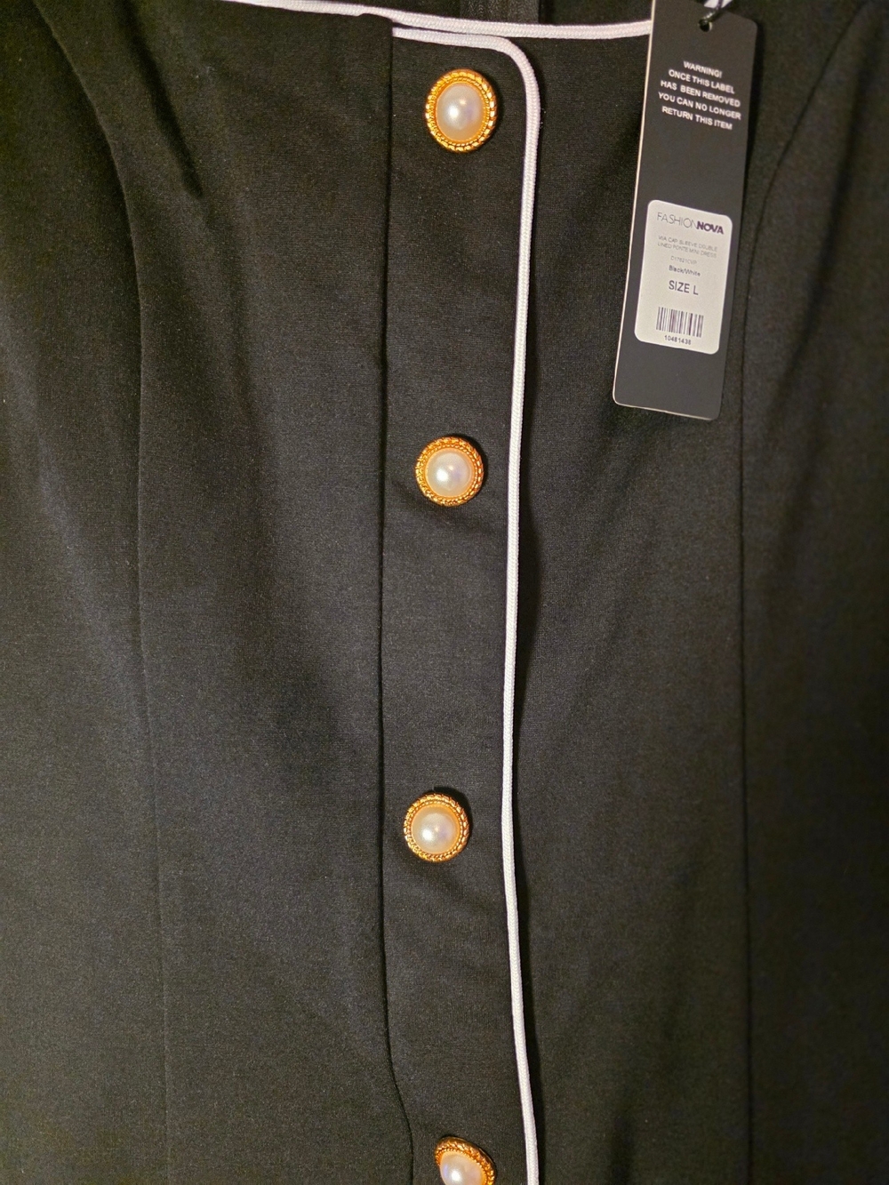 Fashion Nova Black Dress with White Piping and Gold Pearl Buttons - Picture 5 of 8